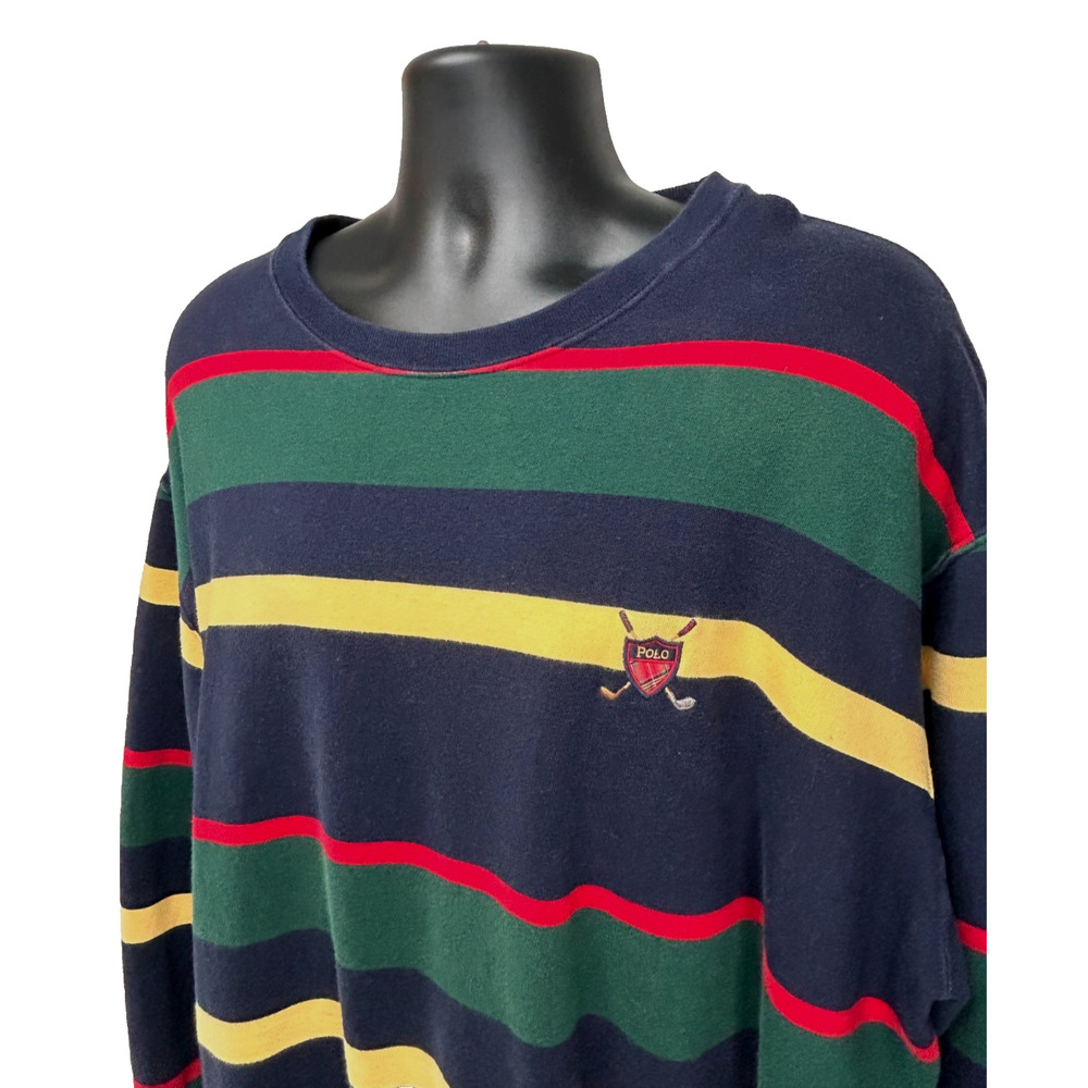 Vintage Polo Ralph Lauren Striped Sweatshirt Golf Crest Logo Preppy 80's Sz XL